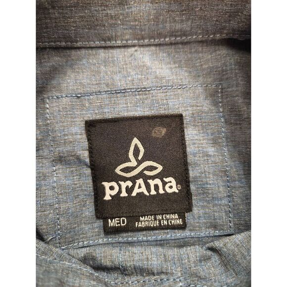PrAna Men's Med button up Hiking Outdoor shirt Blue chest pocket Roll Tab nylon - Picture 2 of 10